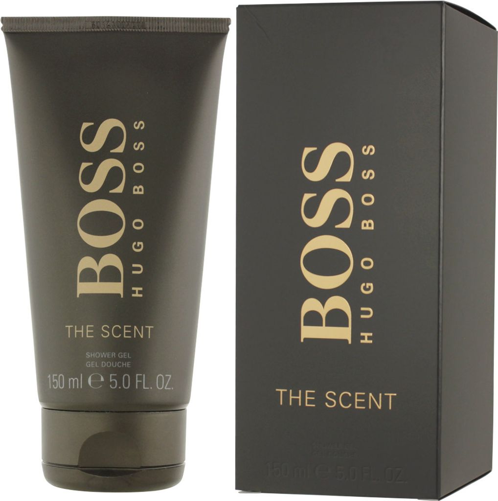 A Hugo Boss shower gel tube and its packaging are displayed side-by-side against a white background.