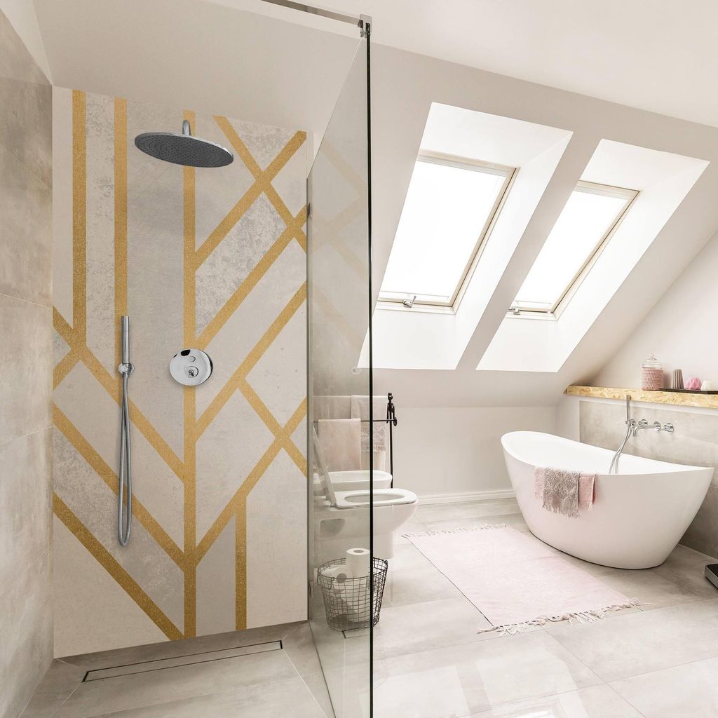 Duschrückwand Muster selbstklebend - 0.61 mm Wandpaneel wasserfest Geometrisch gold Aquarell Abstrakt Badrückwand fugenlos Premium matt 90x190 cm