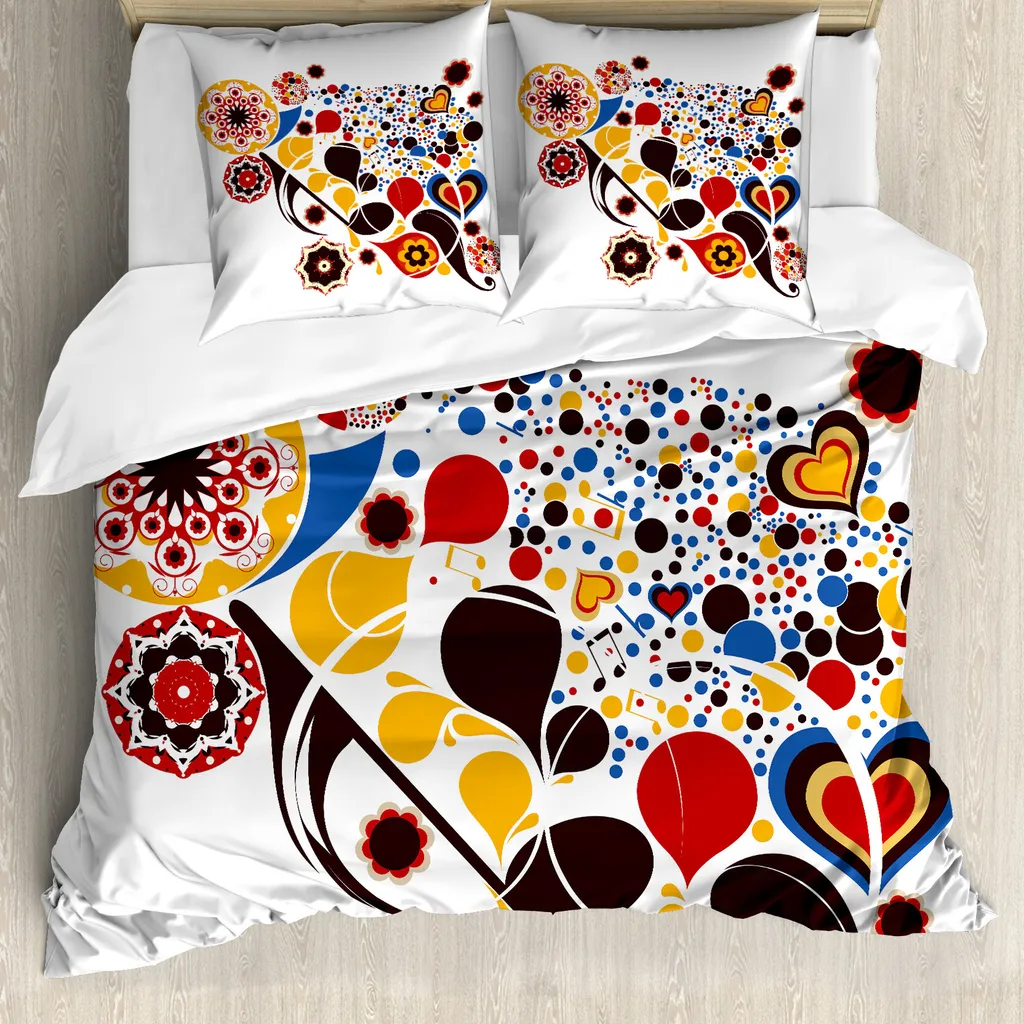 ABAKUHAUS Copripiumino astratto, note floreali e cuori, antiacaro, adatto a chi soffre di allergie, con federe, 200 cm x 200 cm - 80 x 80 cm, multicolore