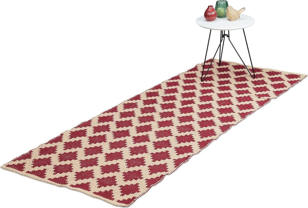 Teppich Baumwolle - 80 x 200 cm - rutschfest - handgewebt - Karomuster - niedrigflorig - beige-rot