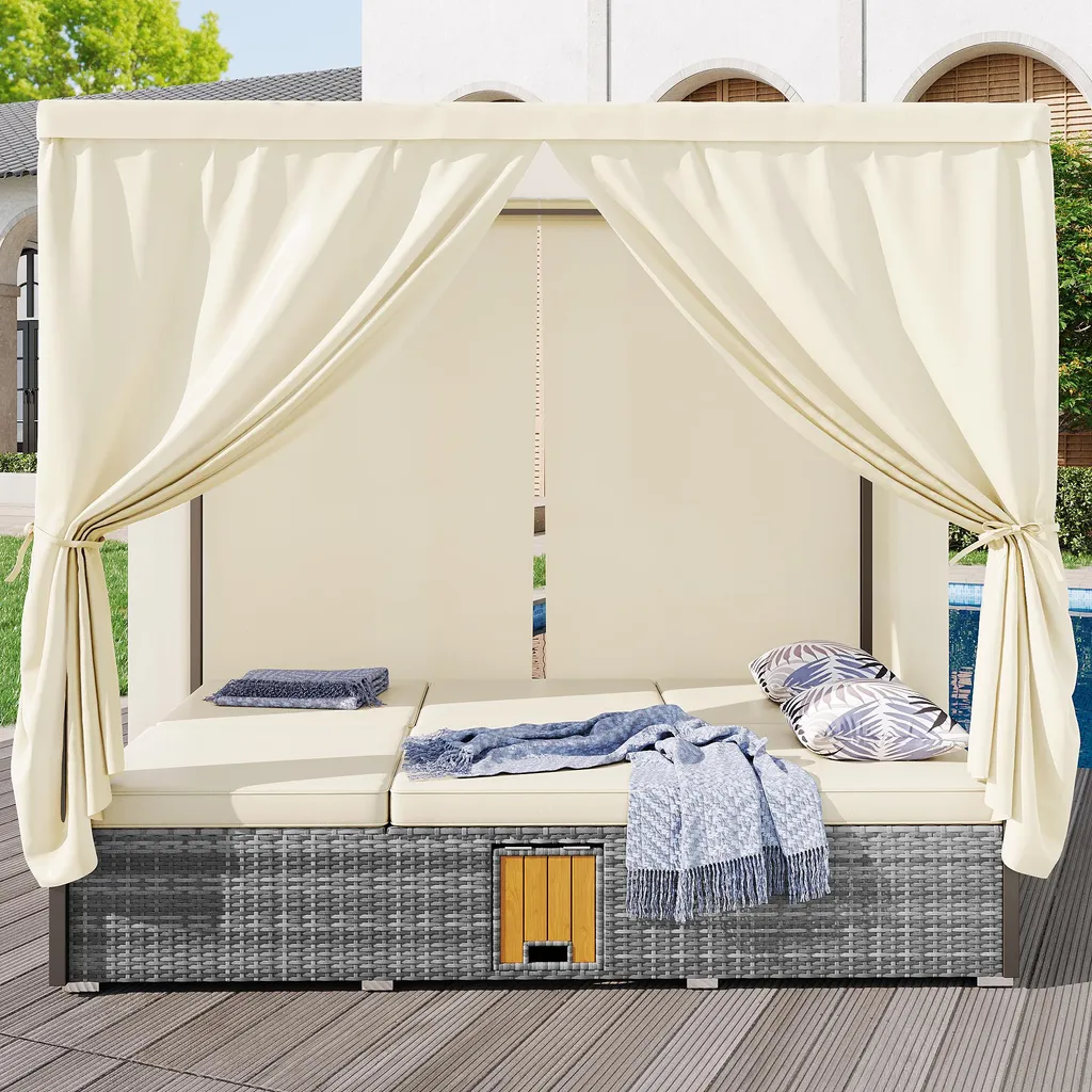 Bain de soleil double avec toit réglable et table pliante pour terrasse - 7