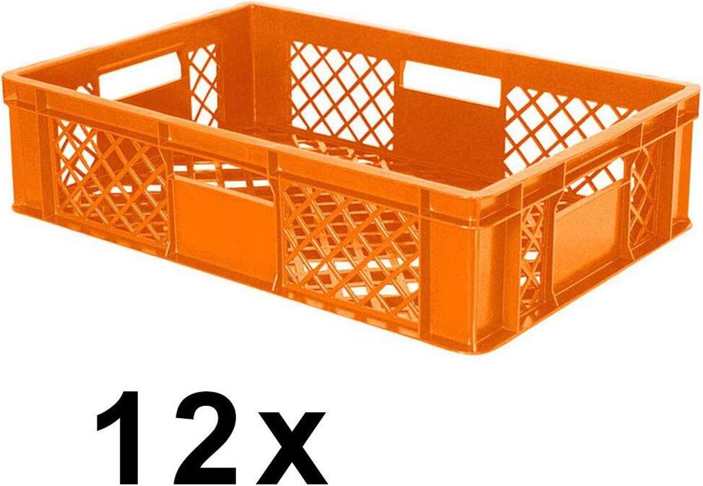 12x Eurobehälter durchbrochen/Stapelkorb, PE-HD orange, Industriequalität, lebensmittelecht, LxBxH 600 x 400 x 150 mm