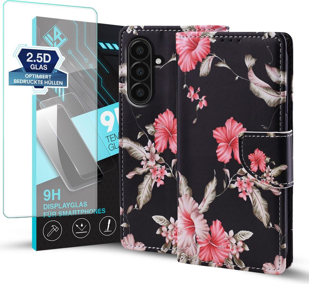 Handy Hülle für Samsung Galaxy A17 / A17 5G mit 9H Displayglas Klapphülle Bookcase Flip Cover Handy Tasche Etui Motiv: Blumen Hibiskus Blüten