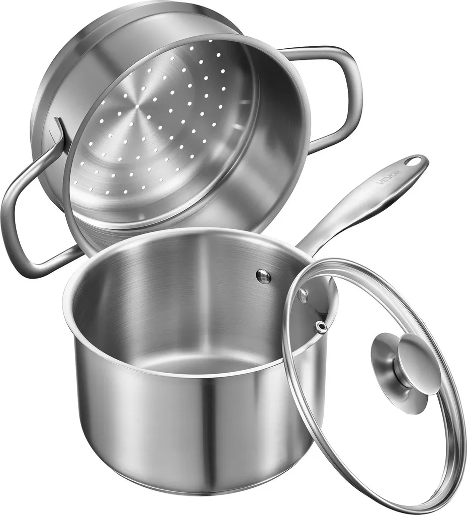 VEVOR Pentola 2,37L Acciaio Inox con Vaporiera e Coperchio Vetro