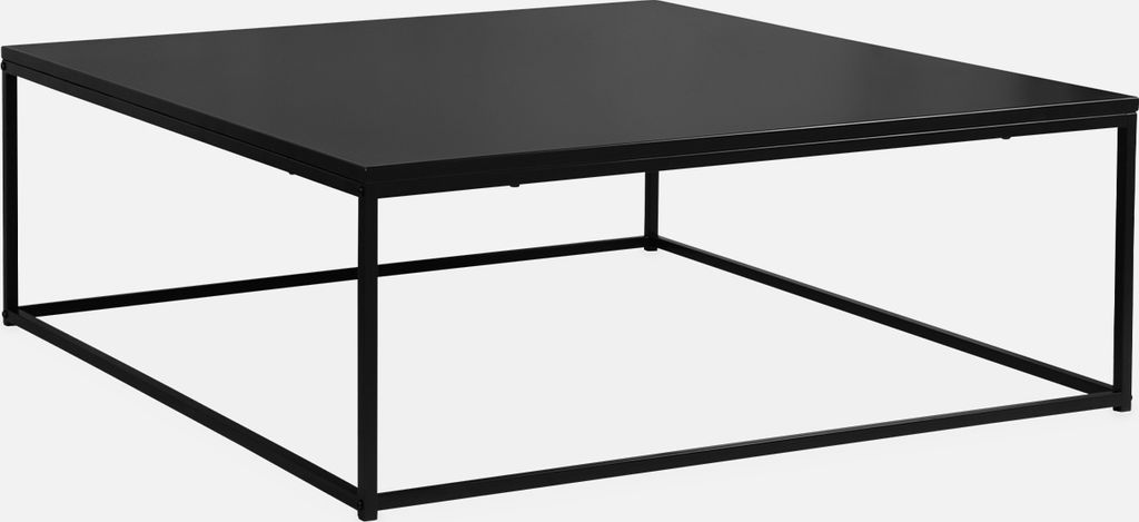 A black square coffee table with a metal frame against a white background.