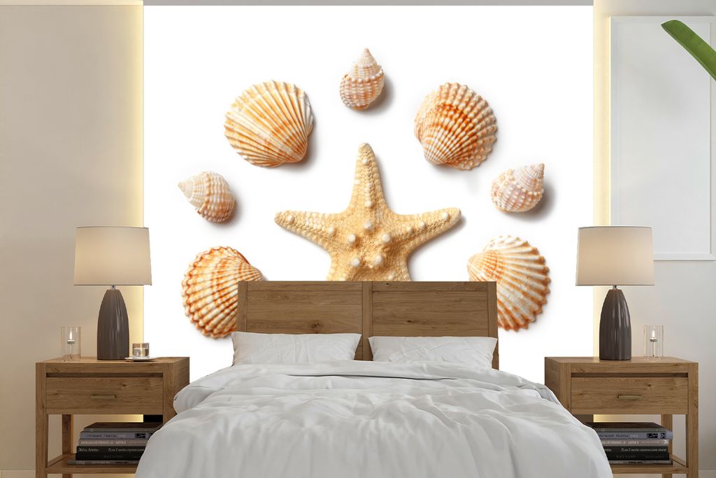 MuchoWow Fototapete für Wohnzimmer oder Schlafzimmer Wandtapete Vinyl Motivtapete Muscheln - Seesterne - Muster - 280x280 cm - Hintergrundbild