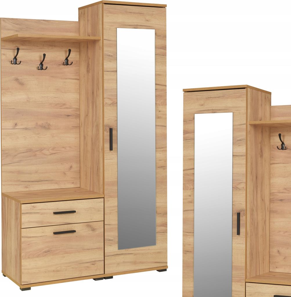 Family Meble Garderobenschrank Gino Kleiderschrank Garderobe mit Schublade und 2 Regale mit Türen Spiegel an der Tür 109x40x187 cm Eiche Craft
