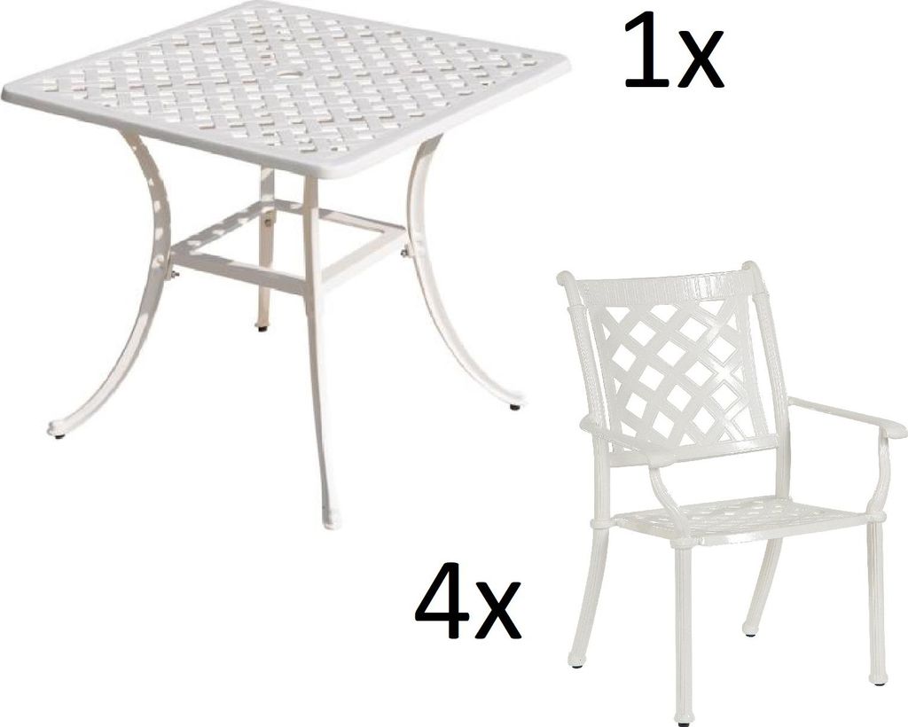 Inko 5-teilige Sitzgruppe Aluminium Guss weiß Tisch 80x80cm mit 4 Sesseln