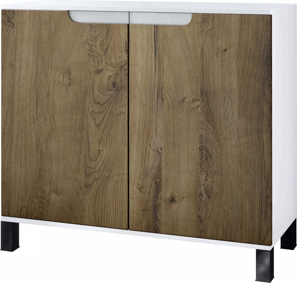 Vladon Kommode Sylt V3, Moderner Küchenschrank mit 2 großen Türen Weiß matt / Eiche Ribbeck (92,5 x 84.5 x 35)