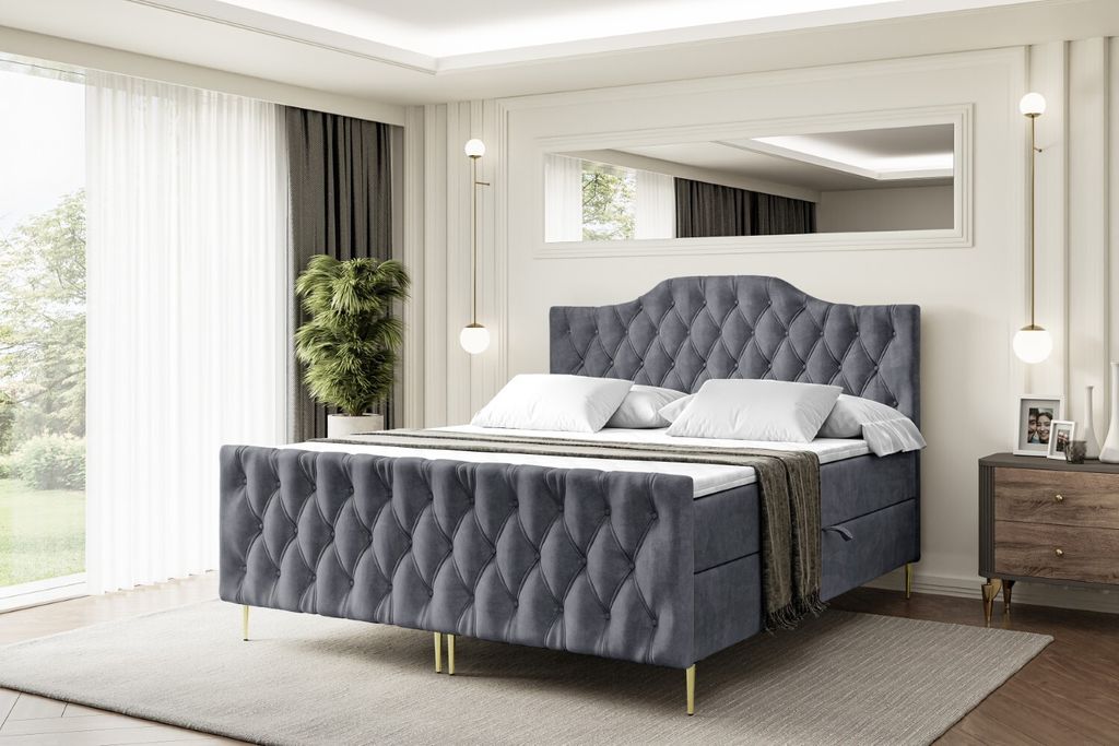 ALTDECOR Boxspringbett mit Gold Füßen, Matratze und Lattenrost, Topper, Fußteil, Polsterbett mit Bettkasten, Bett mit Stauraum H3-Matratze, Dopp...