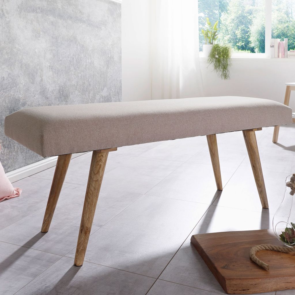 FineBuy gepolsterte Sitzbank 120 cm Massivholz Stoff - Retro Polsterbank für Garderobe, Schlafzimmer & Wohnzimmer - Garderobenbank Eingangsbereich