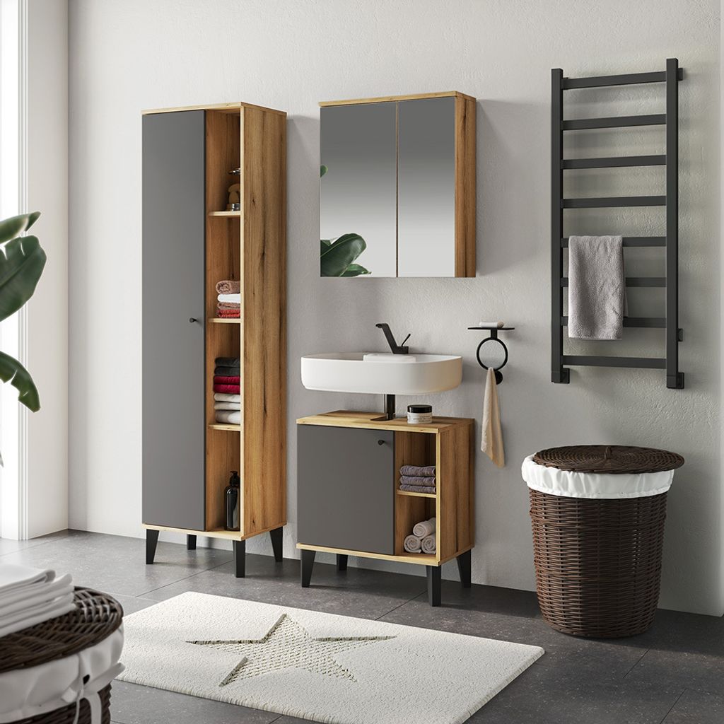 Badmöbel-Set 3-teilig mit Waschbeckenunterschrank 60 cm, Spiegelschrank, in Eiche mit grau OLEAN-61
