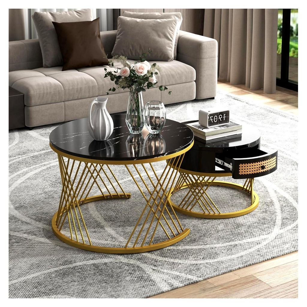 2 in 1 Runder Couchtisch aus MDF mit Marmorplatte und Rattan-Schubladen