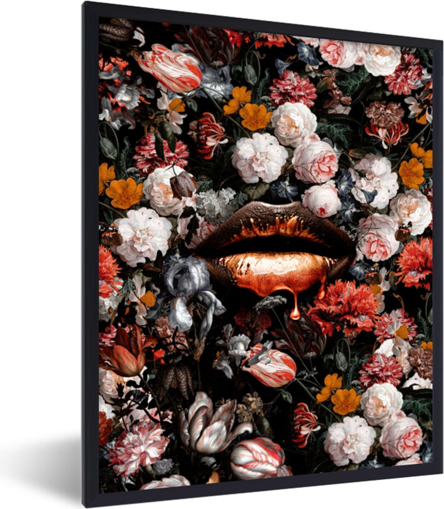 MuchoWow Gerahmtes Poster Lippen - Blumen - Farbe - Orange - Kunst - Abstrakt - Alte Meister 60x80 cm - Poster mit Schwarzem Bilderrahmen Wandpos...