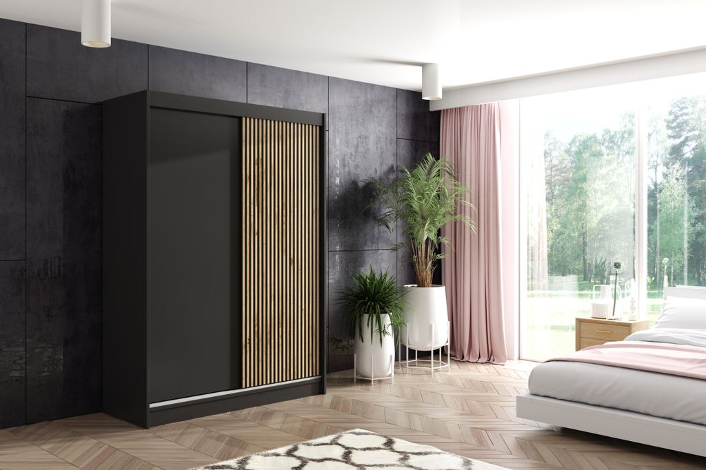 ALTDECOR Kleiderschrank mit Lamel-Schiebetüren, kugelgelagerte Führungsschienen und Aluminium-Leisten, LED-Beleuchtung und Fernbedienung - VILO -...
