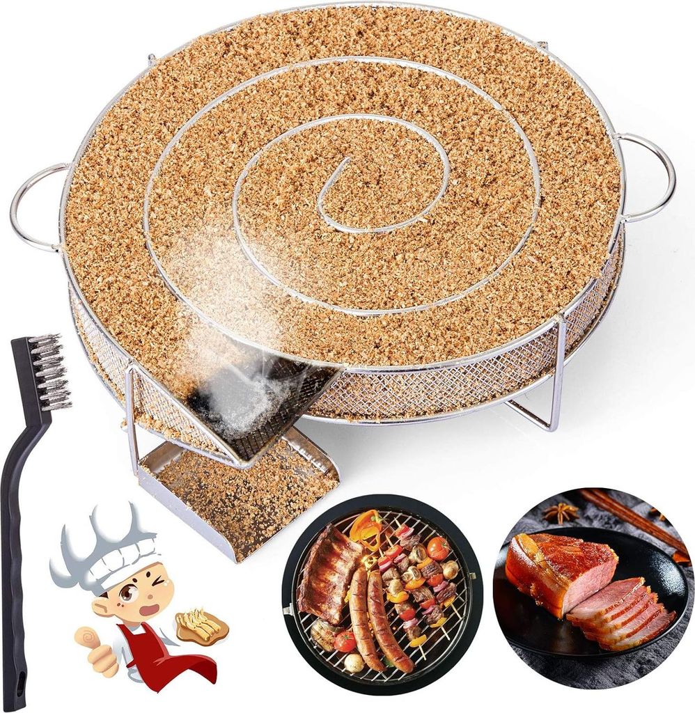 1x Kaltrauchgenerator Edelstahl, Räucherspirale für Fleisch & Fisch, Grill-Reinigungsbürste, geeignet für alle Holzpellets