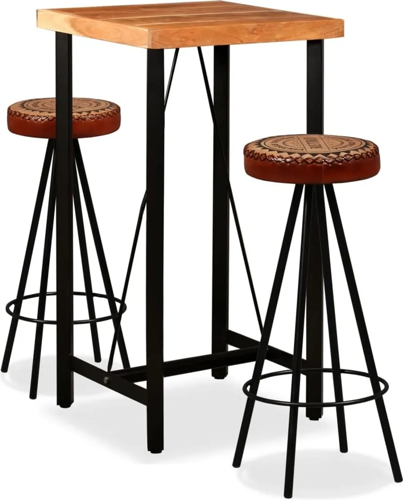 Ensemble bar acacia massif pour cuisine et salon - 3 pièces cuir/toile