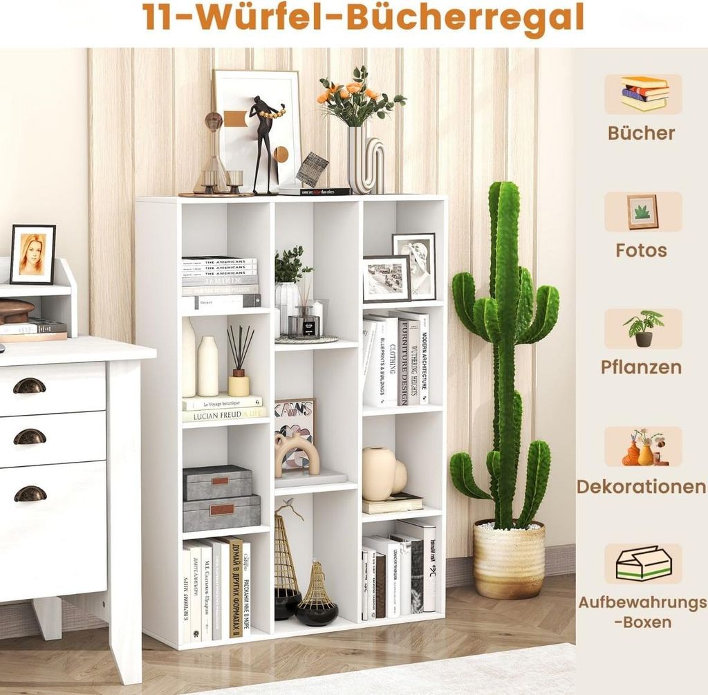 Weißes Bücherregal mit 11 Fächern, 74 x 24 x 106 cm, freistehend