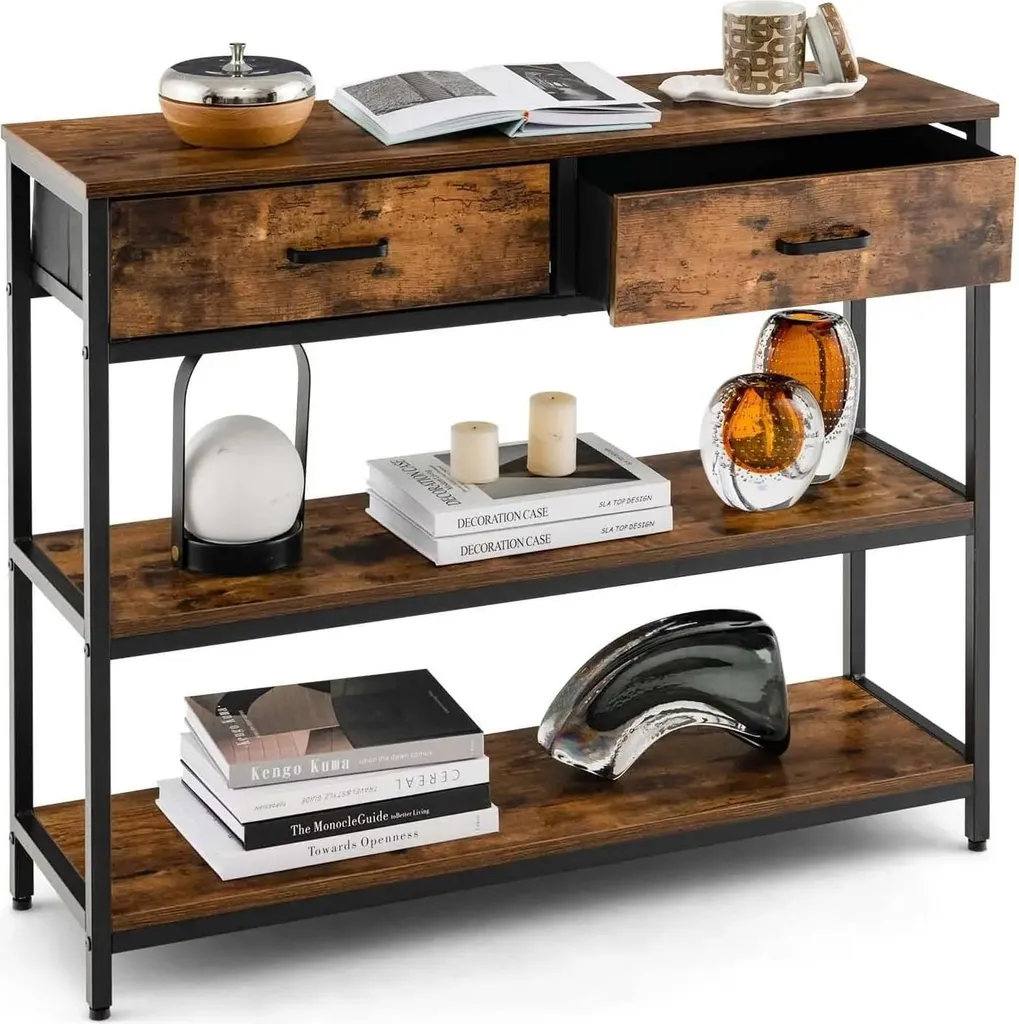 Console Industrielle 3 Niveaux avec Tiroir Bois et Acier Noir 100x30x80 cm