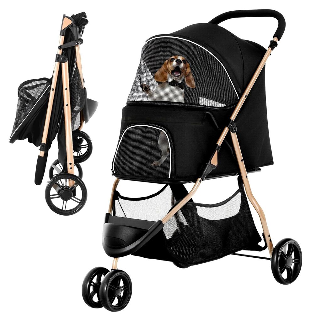 Faltbarer Hunde- und Katzenbuggy, 15 kg, Drei Räder, Netzfenster, Bremsen, Eisenrohrrahmen, Schwarz