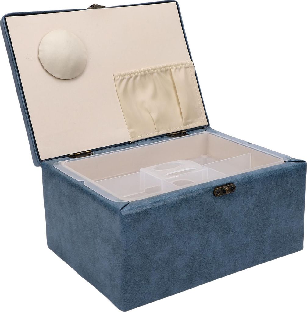Lederaufbewahrungskorb mit Nähzubehör Schere Maßband Stecknadeln Nadeln und Fäden Blaue tragbare Box