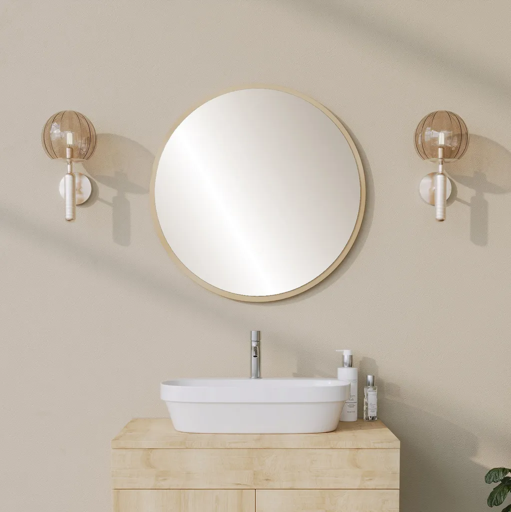 Grand Miroir Rond 60 cm en Panneau de Fibres Beige Sapphire Oak Chic