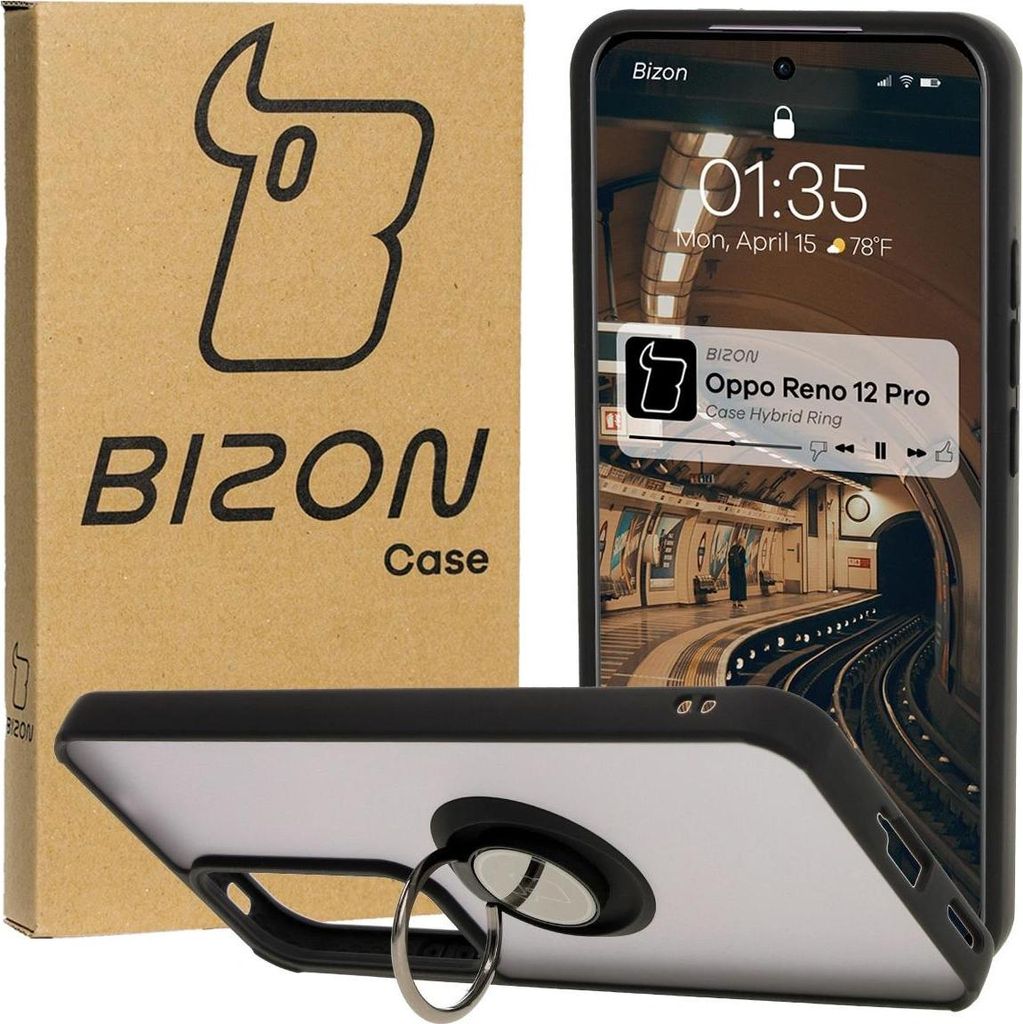 Bizon Case Hybrid Ring Fingerring Hülle für Oppo Reno 12 Pro, Rauch mit schwarzem Rahmen