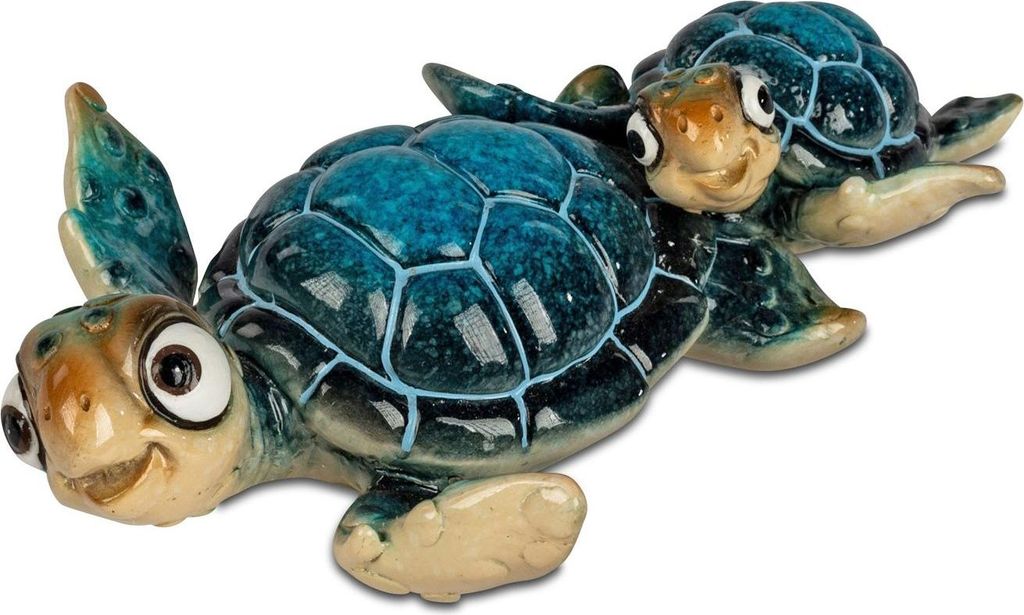 Dekofigur Schildkröte Harry mit Kind L. 16cm blau aus Kunststein Formano
