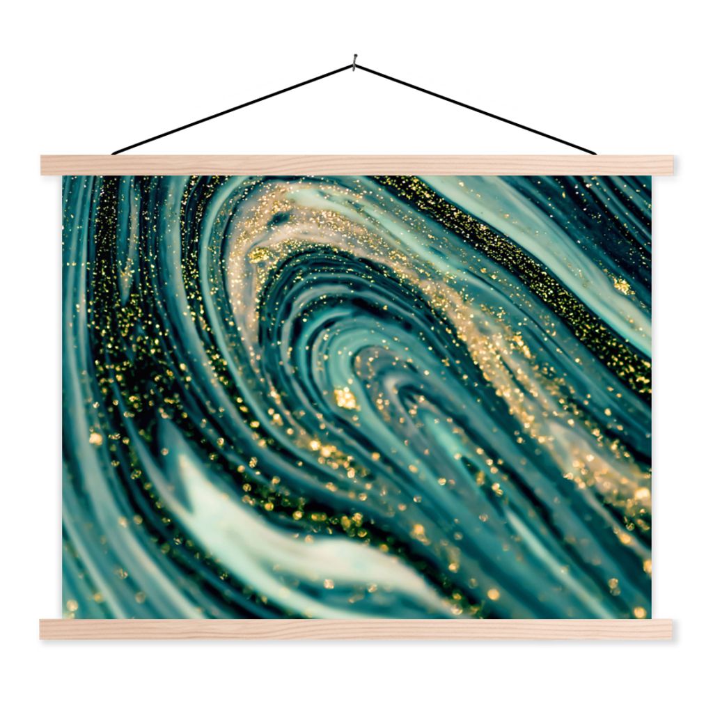 MuchoWow Textilposter Marmoroptik - Luxus - Gold - Türkis - Glitzer 120x90 cm mit holzfarbenen Rahmen - Magnetisch