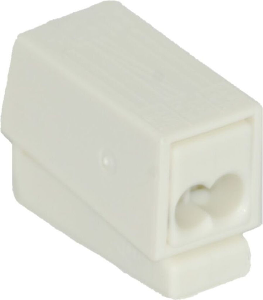 A white electrical connector on a white background.