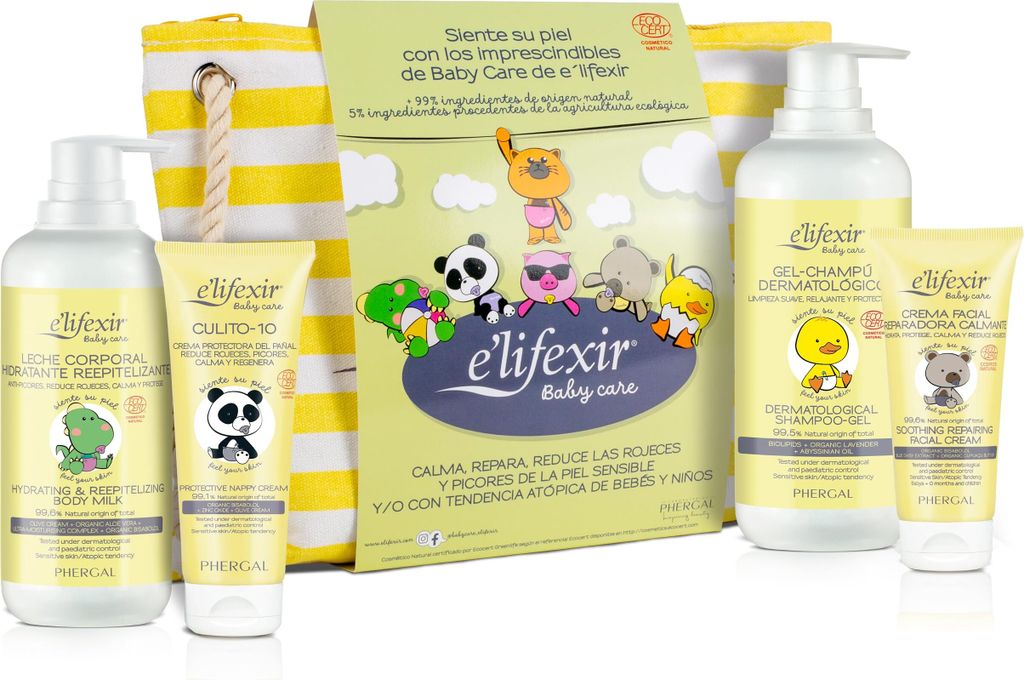Elifexir Baby Care | Geschenkset für Babys | es Shampoo-Gel (500 ml) + Feuchtigkeitsspendende Körpermilch (400 ml) + Windelcreme (75 ml) + Gesich...