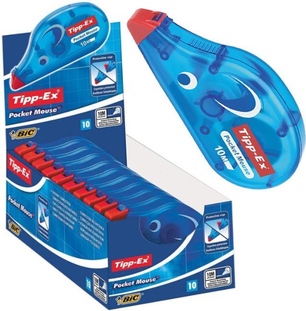 A display box of Tipp-Ex Pocket Mouse correction tape, with one correction tape shown separately.