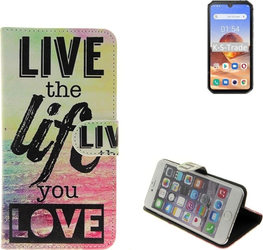 K-S-Trade Schutzhülle Handyhülle kompatibel mit Blackview BV9900E 360° Wallet Case ''live life love'' Klapphülle Tasche Etui Smartphone Flip cover