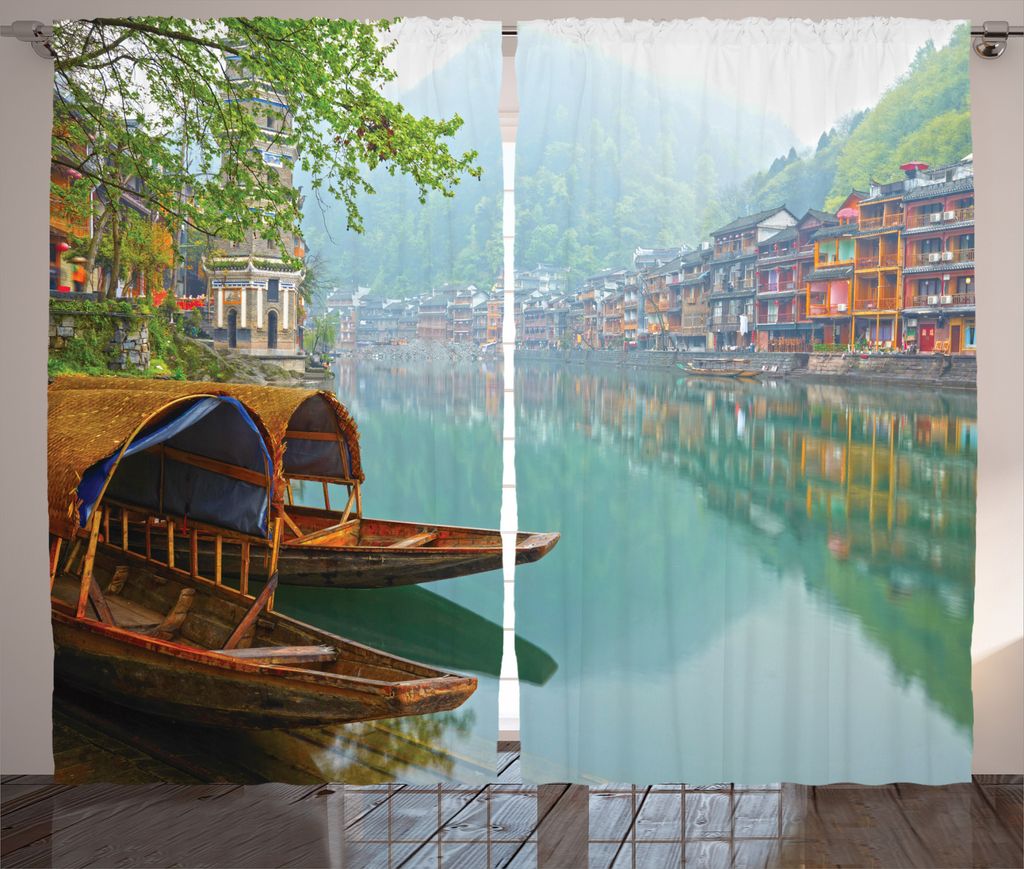 ABAKUHAUS Bauernhaus Rustikaler Gardine, Chinesischer Holzkanal, Schlafzimmer Kräuselband Vorhang mit Schlaufen und Haken, 280 x 225 cm, Mehrfarbig