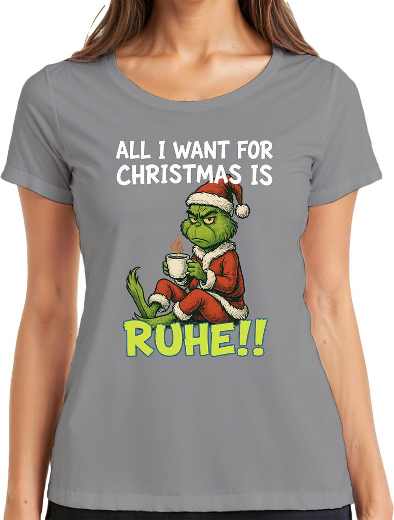 All I want for Christmas is Ruhe weihnachtsgrinch sarkastisch Damen T-Shirt, Grau, M