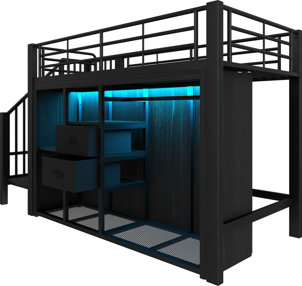 Lit Combiné Mezzanine Noir 90x200 avec LED et Multiples Rangements Chic - 13