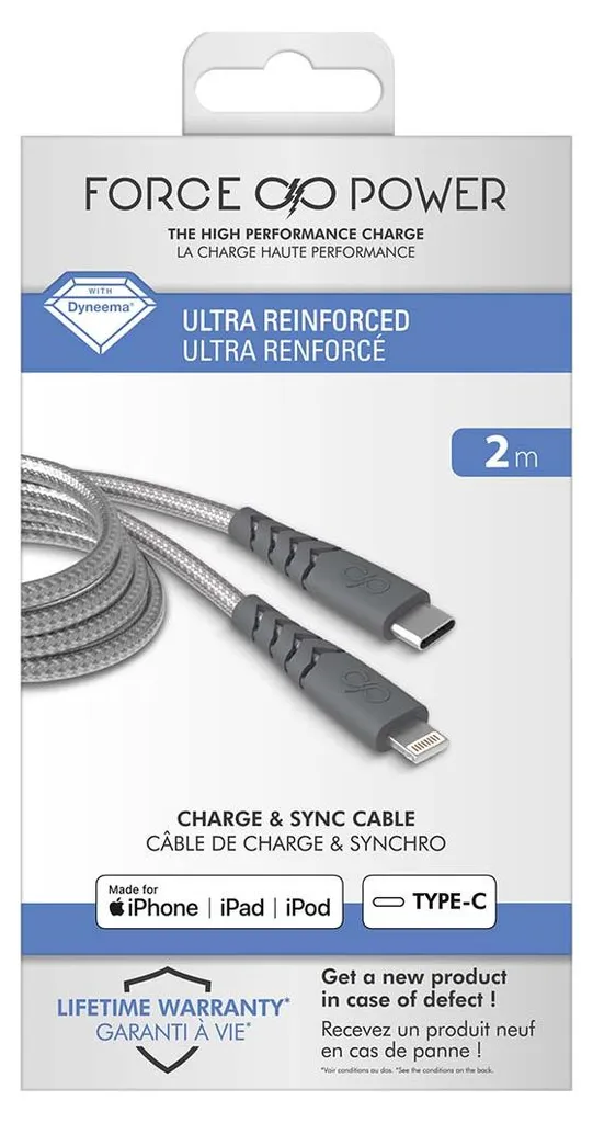 Câble Lightning 2m Force Power USB-C Gris pour Charge Rapide iPhone - 6