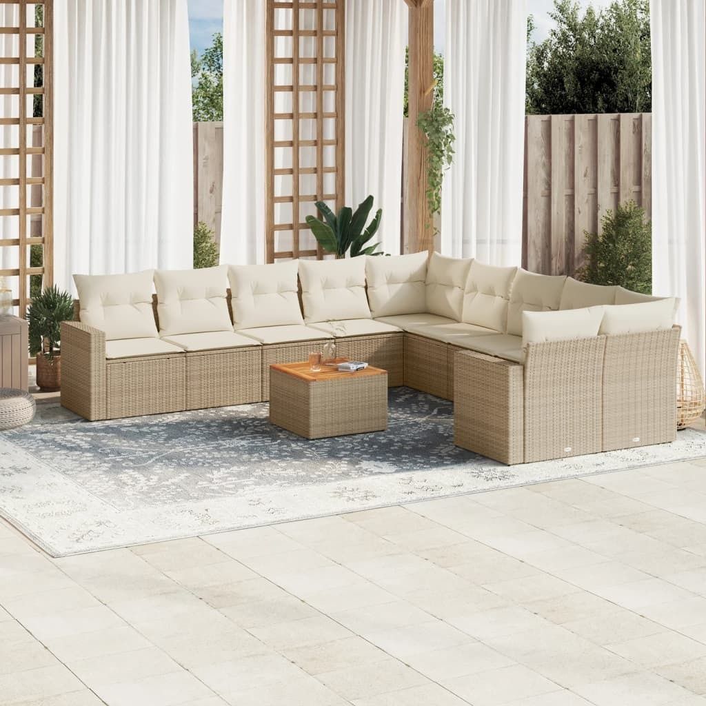 CLORIS 11-tlg. Garten-Sofagarnitur mit Kissen Beige Poly Rattan - Gartenmöbelgarnituren 453