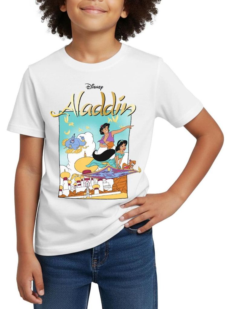 Jasmin Und Aladin Auf Fliegendem Teppich Kinder T-Shirt, 122/128 (7-8 Jahre), Weiß