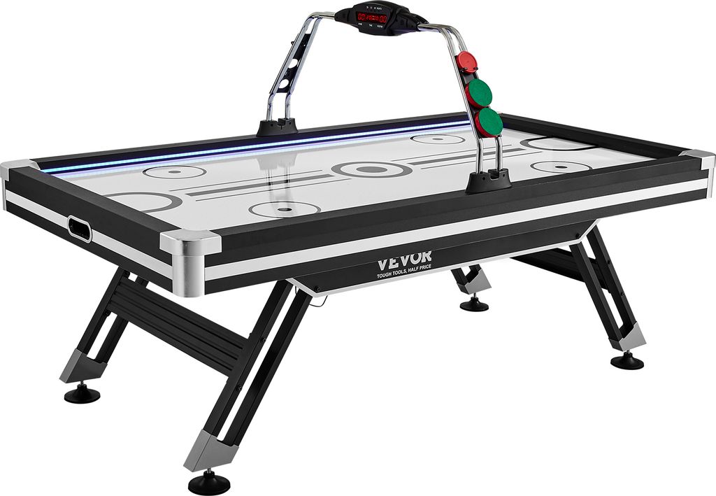 A VEVOR air hockey table is shown in a studio setting against a white background.