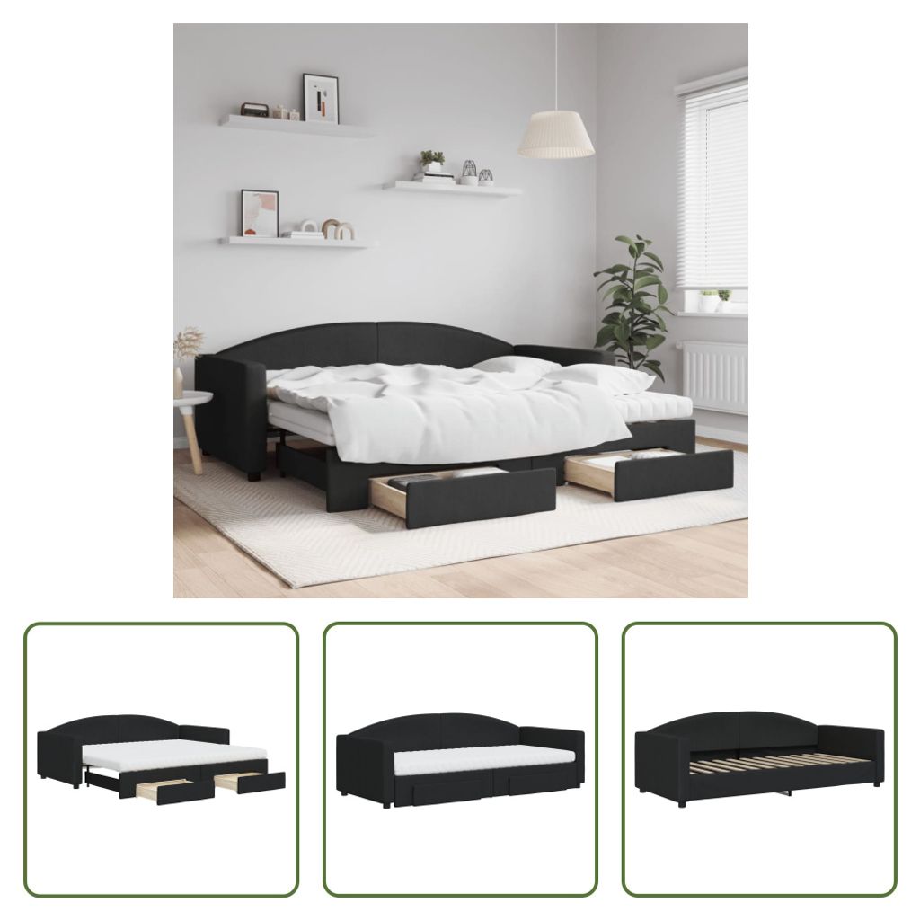 The Living Store Tagesbett Ausziehbar mit Schubladen Schwarz 90x200 cm Stoff