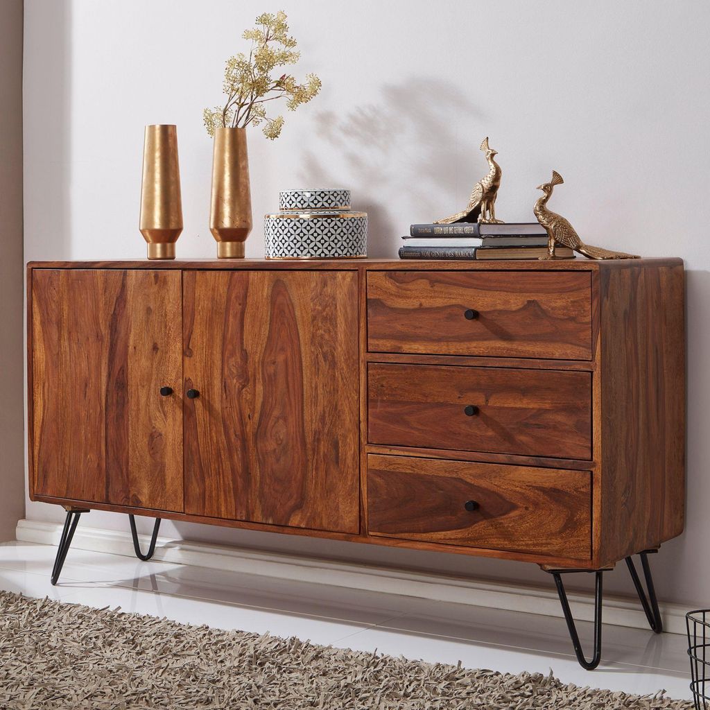FineBuy Sideboard Sheesham Massivholz 145 cm 2 Türen & 3 Produktbild 