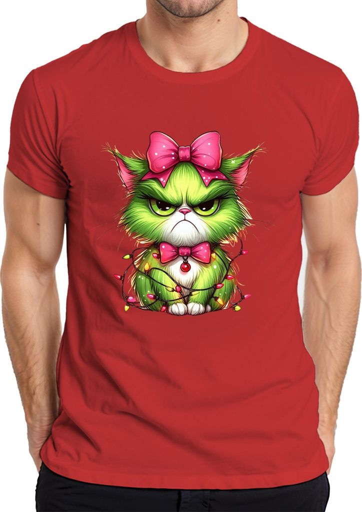 Weihnachtskatze grumpy Grün Schleife Lichterkette Geschenk Lustig Herren T-Shirt, Rot, XXL