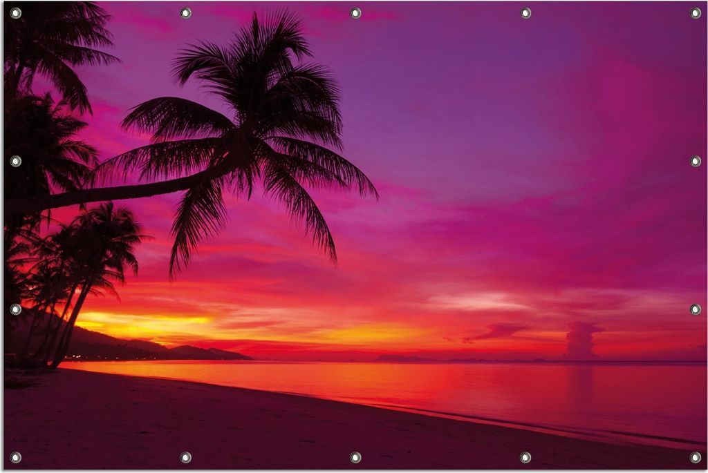 Wallario Outdoor-Poster für Garten oder Balkon, Motiv Abendrot unter Palmen - pinker Himmel am Strand, in ca. 120 x 180 cm