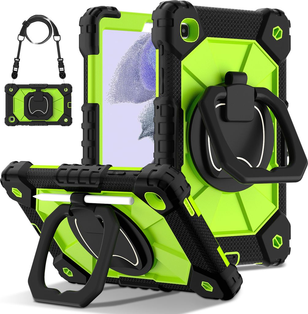 Hülle für Samsung Galaxy Tab A7 Lite 8,7" 2021 SM-T220/T225/T227 Robuste Tragbare Schutzhülle mit Ständer, Handgurt und Schultergurt Schwarz Grün