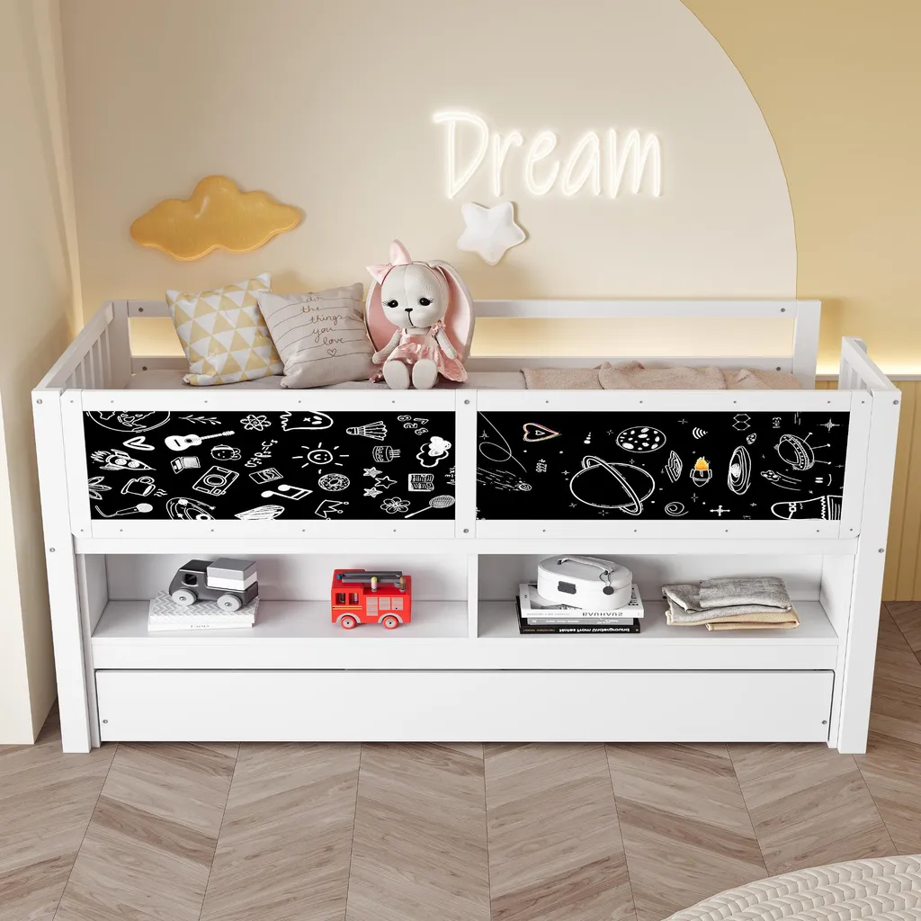 Lit Enfant Gain de Place en Bois Blanc avec Rangement et Zone de Dessin - 3