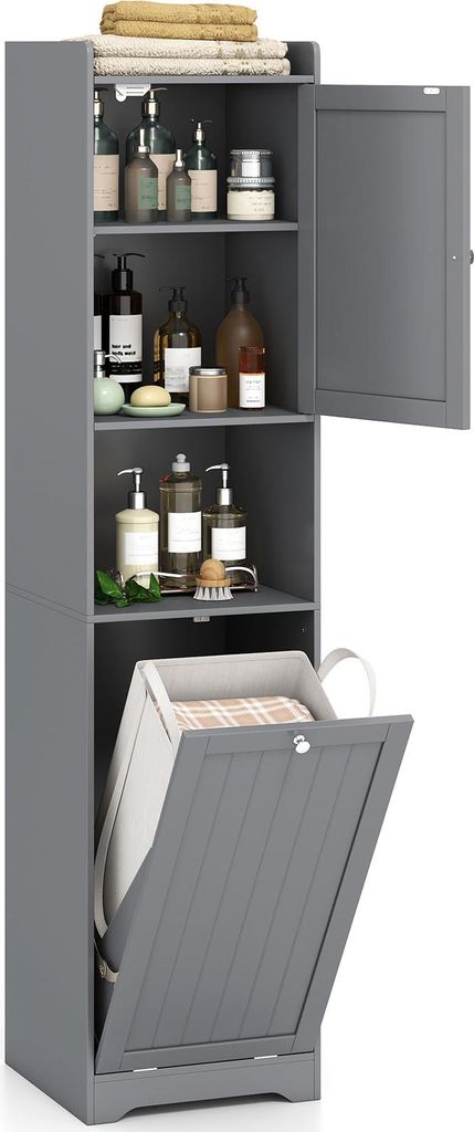 COSTWAY Bad Hochschrank, Badezimmerschrank mit Wäschekorb, Regal & Fach, Badschrank Holz, inkl. 48L Wäschesack, 40 x 40 x 170cm, Grau