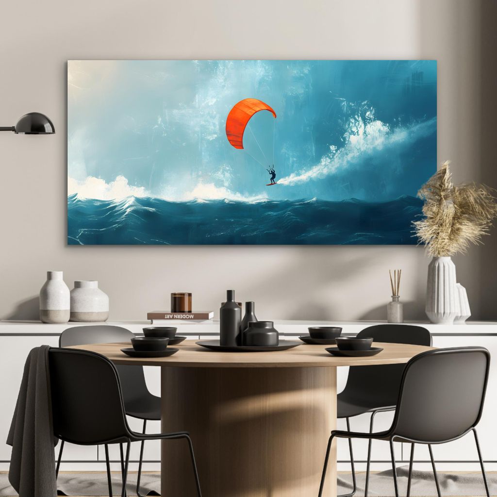 MuchoWow Wanddekoration Metall Metallbild Wandkunst 120x60 cm Kitesurfer - Orange - Meer - Himmel MuchoWow Aluminium Gemälde - Metalbilder