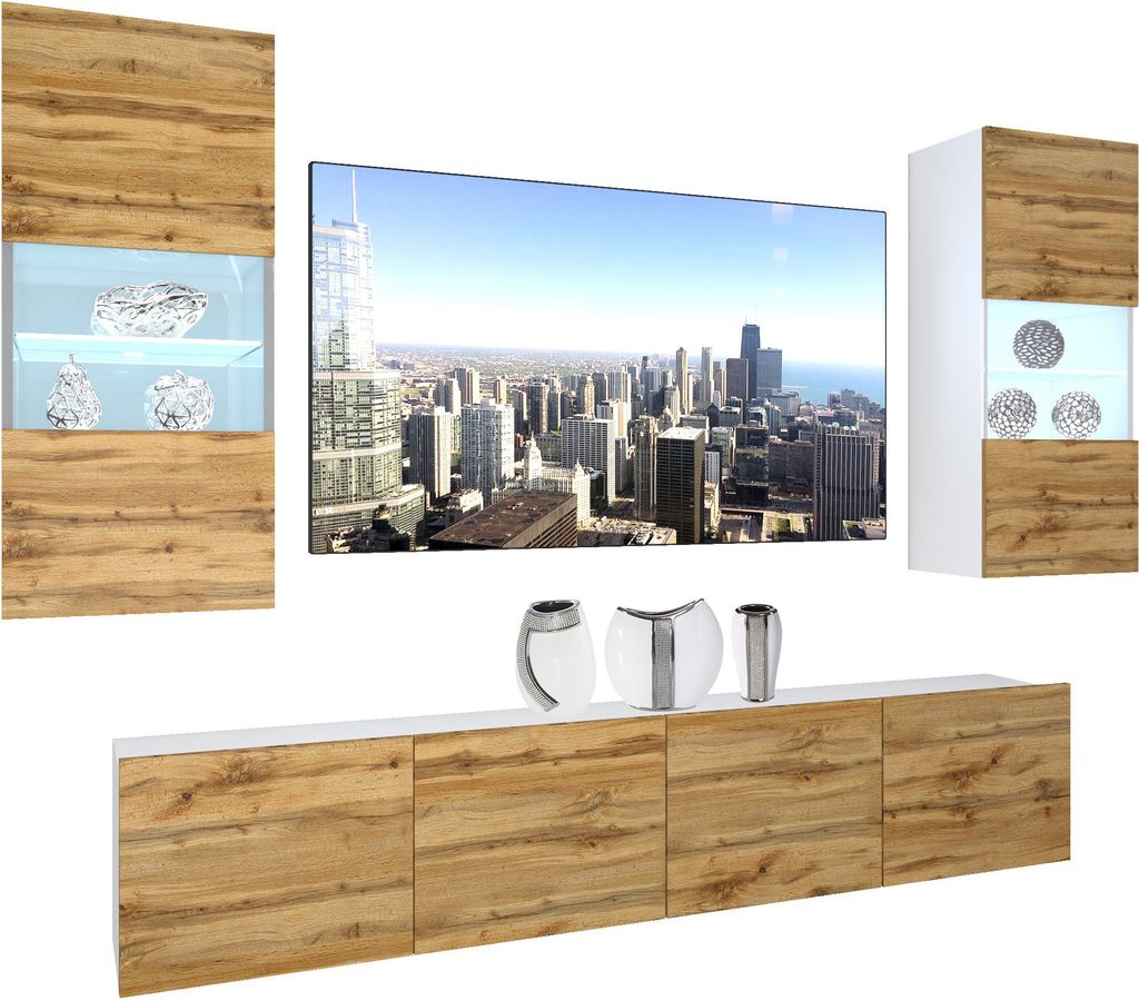 BELINI Wohnwand Vollausstattung Wohnzimmer-Set Moderne Schrankwand mit LED-Beleuchtung Weiß Glänzend Anbauwand TV-Schrank Wotan-Eiche Matt
