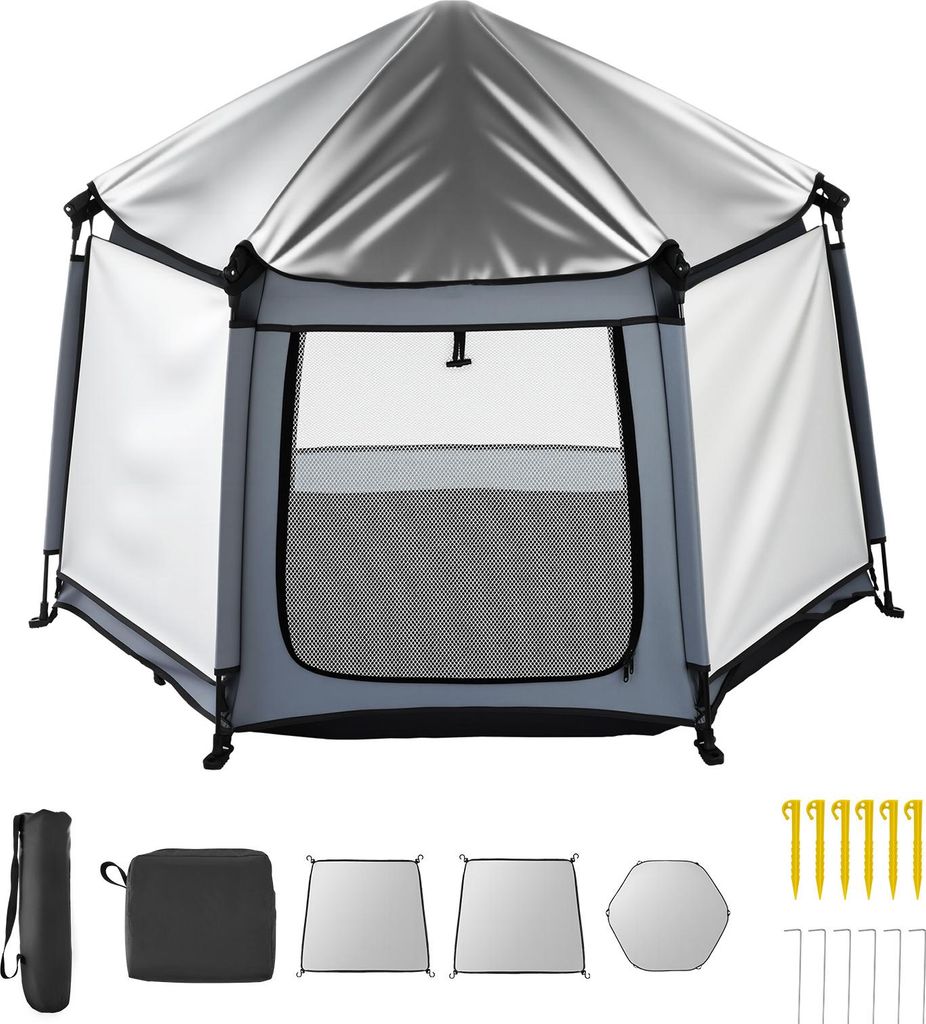 SucceBuy Baby Laufgitter 150x150x106 cm, Laufstall für Kleinkinder mit Baldachin, tragbarer Spielplatz mit Sonnenschutz LSF 50+ und Reisetasche, f...